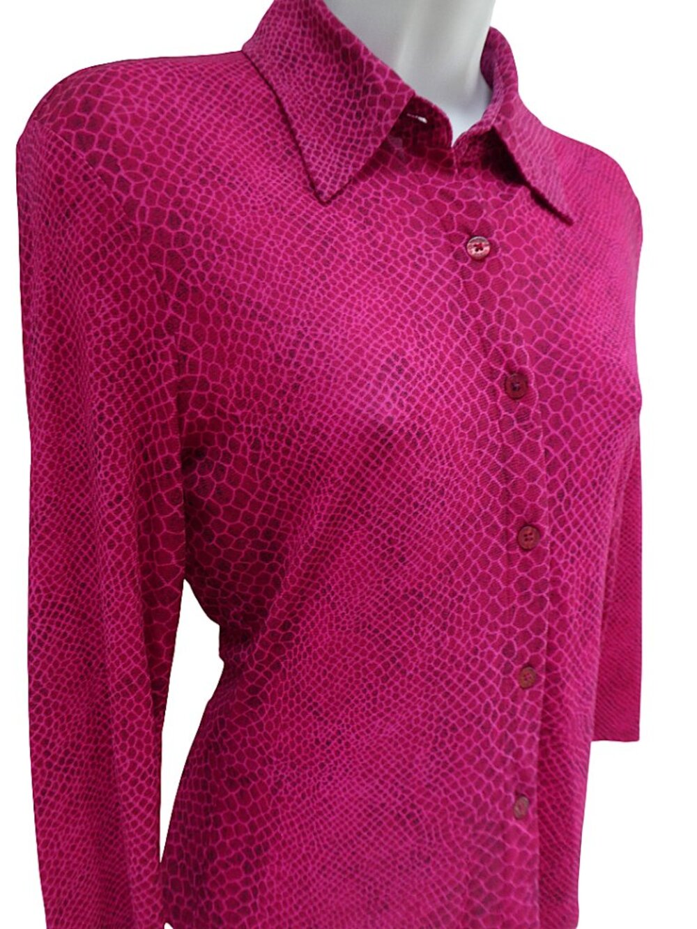 Vintage Guess USA Nylon Knit Snakeskin Magenta Long Sleeve Blouse Button Front M